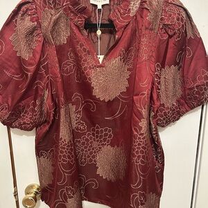 Entro Brick Red and Mocha Elegant Floral Brocade Blouse